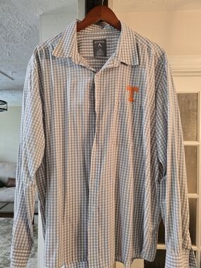 Antigua Men’s Light Blue Gingham Button-Up Shirt with Orange T Logo